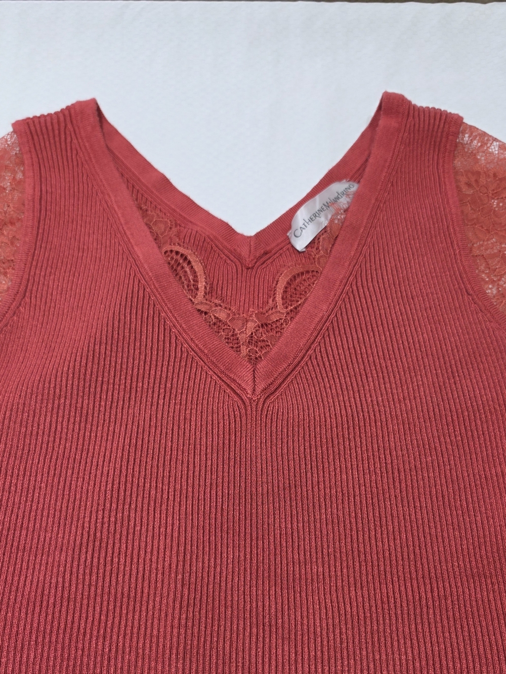 Catherine Malandrino Ribbed Lace V-Neck Tank - Terracotta
